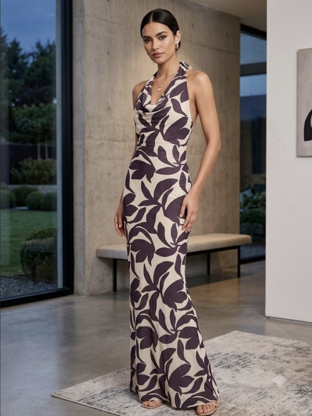Halter Cowl Maxi Dress in Taupe and Plum Floral